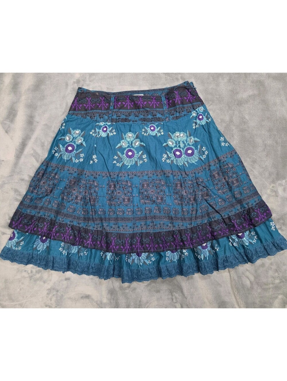 Street One Boho Tiered Midi Skirt Teal Floral Pattern Belt Loops Womens Size EUR